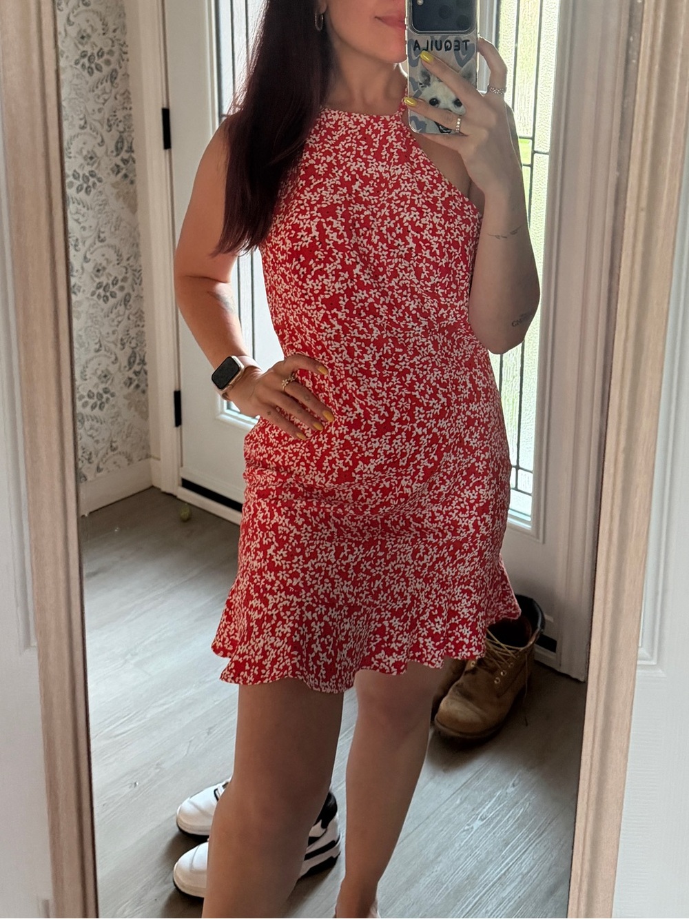 Zara Red and White Floral Smocked Top